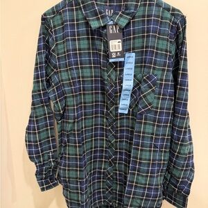 GAP Soft Blue and Green Plaid Cotton Flannel Shirt - Large NWT